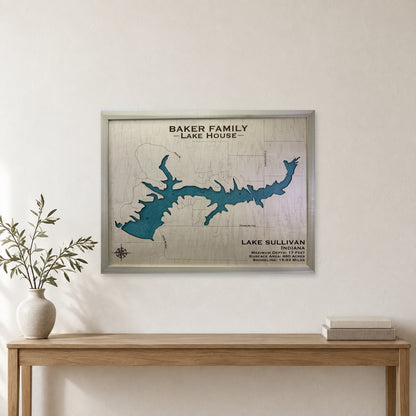 Sullivan Baker wood map — single layer with engraved contours, staged room mockup