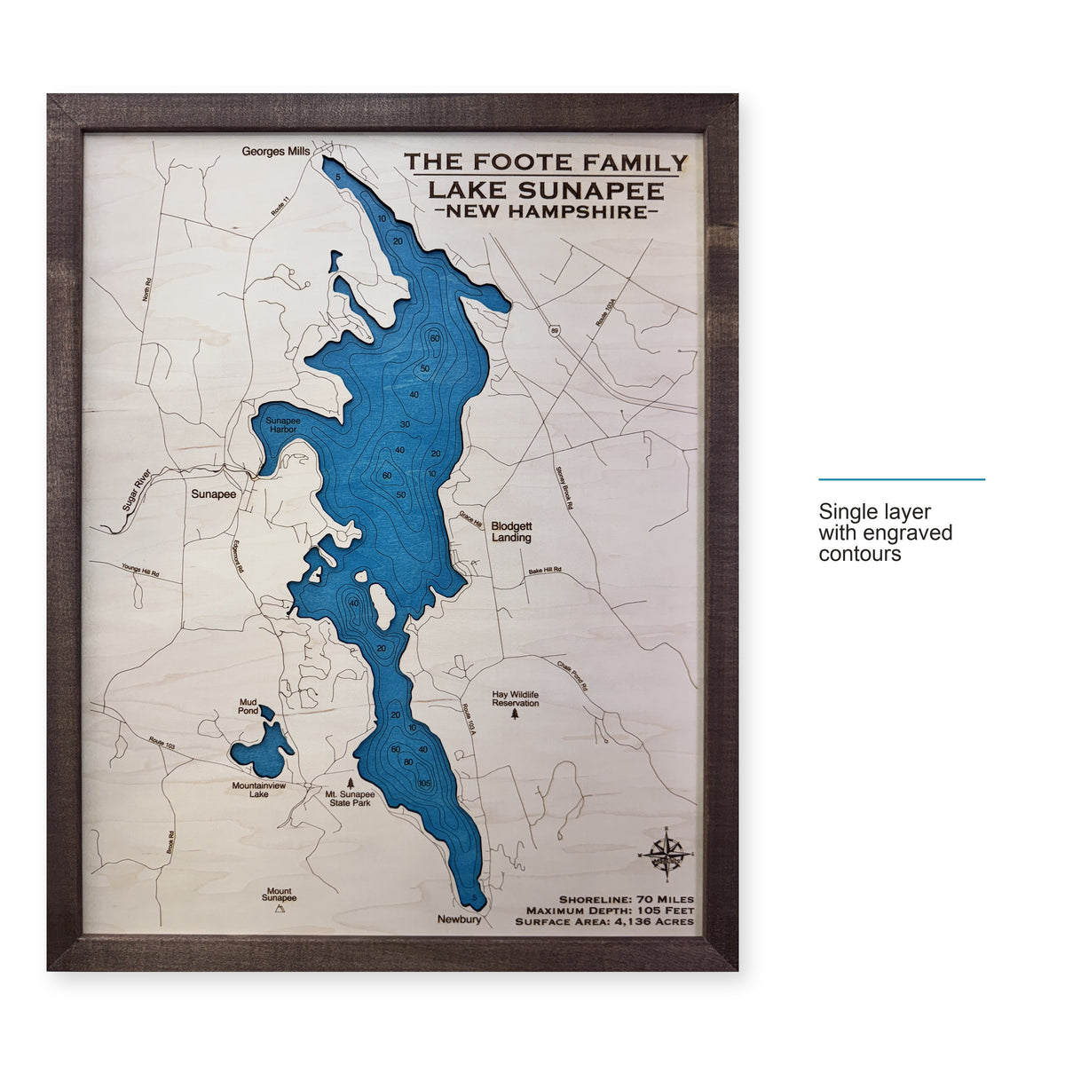 Sunapee Foote wood map — single layer with engraved contours, layer option shown