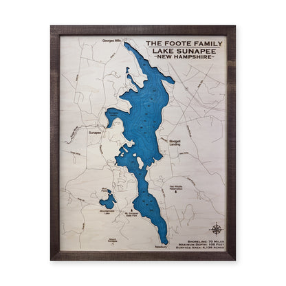Sunapee Foote wood map — single layer with engraved contours, white background