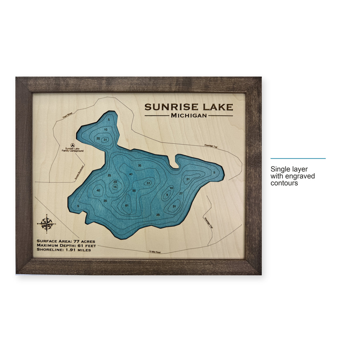 Sunrise Michigan wood map — single layer with engraved contours, layer option shown