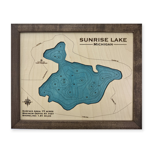 Sunrise Michigan wood map — single layer with engraved contours, white background