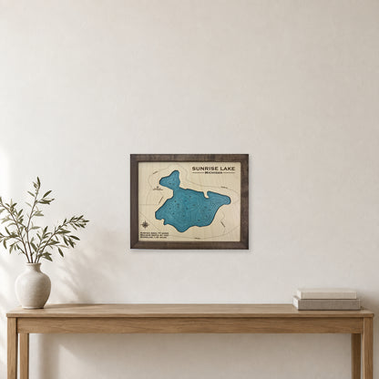 Sunrise Michigan wood map — single layer with engraved contours, staged room mockup