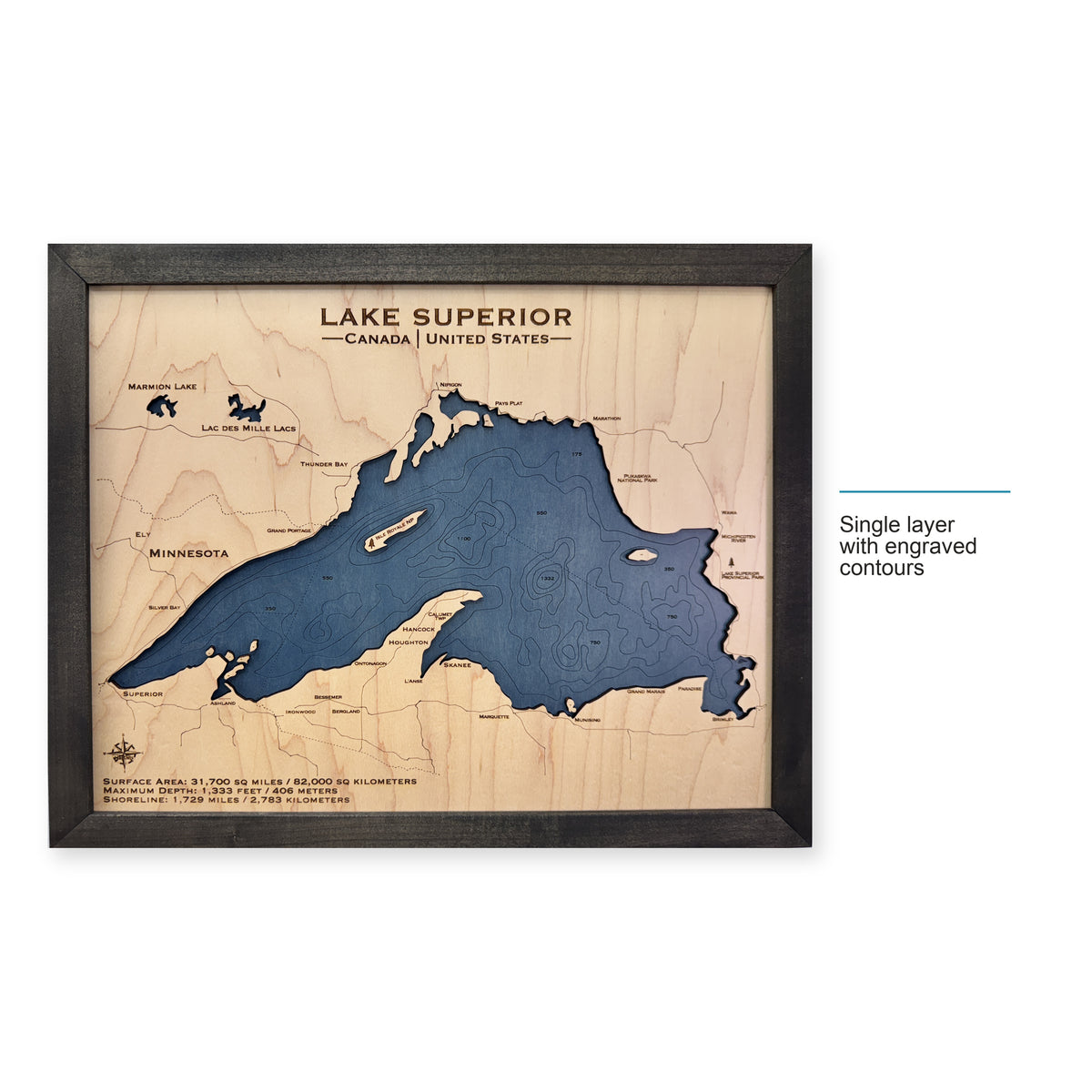 Superior Charcoal Engraved wood map — single layer with engraved contours, layer option shown