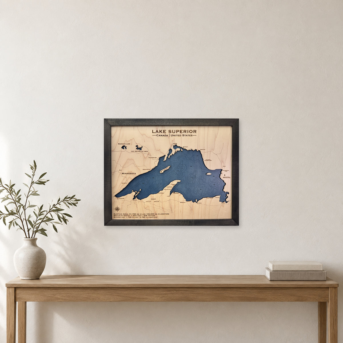 Superior Charcoal Engraved wood map — single layer with engraved contours, staged room mockup