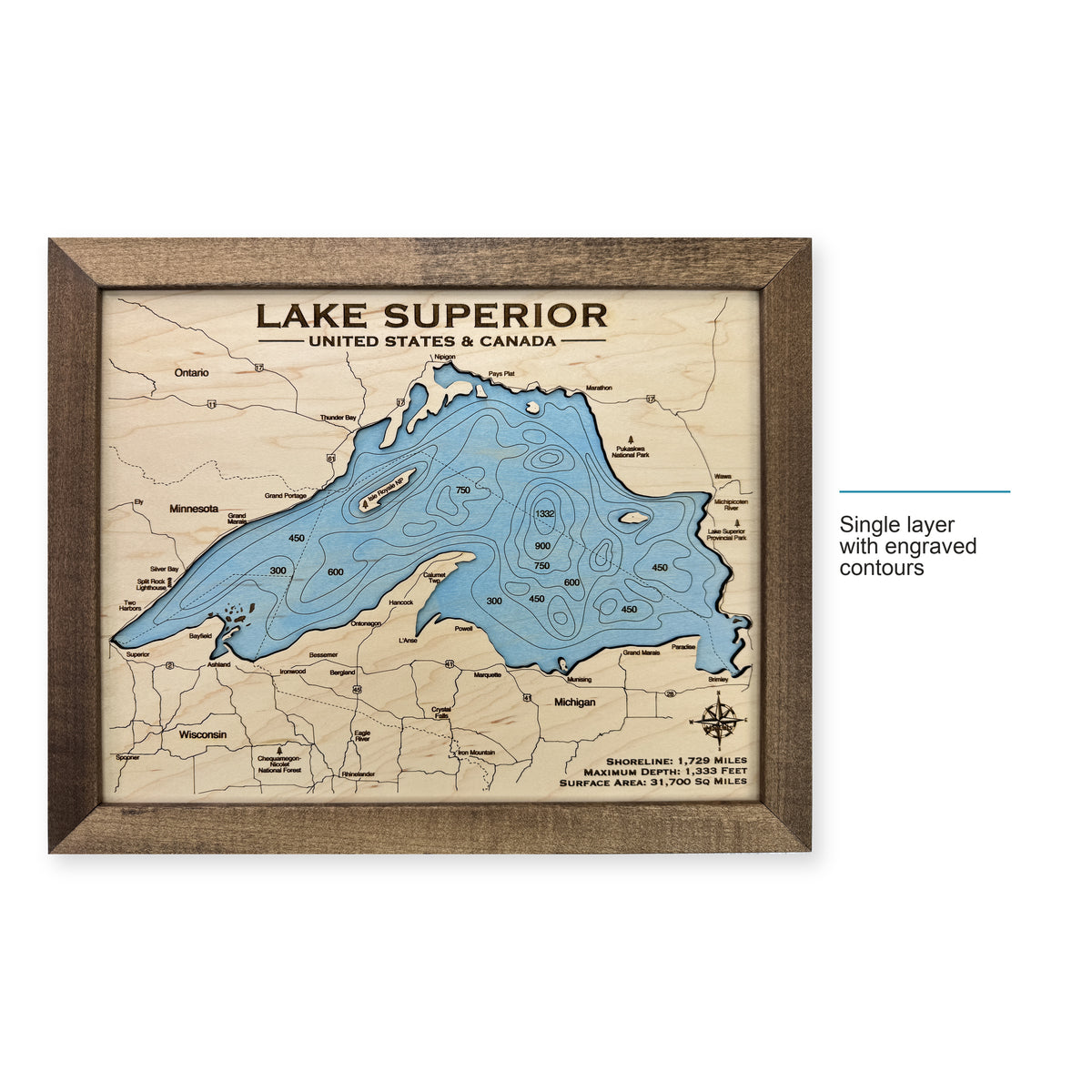 Superior Light Engraved wood map — single layer with engraved contours, layer option shown