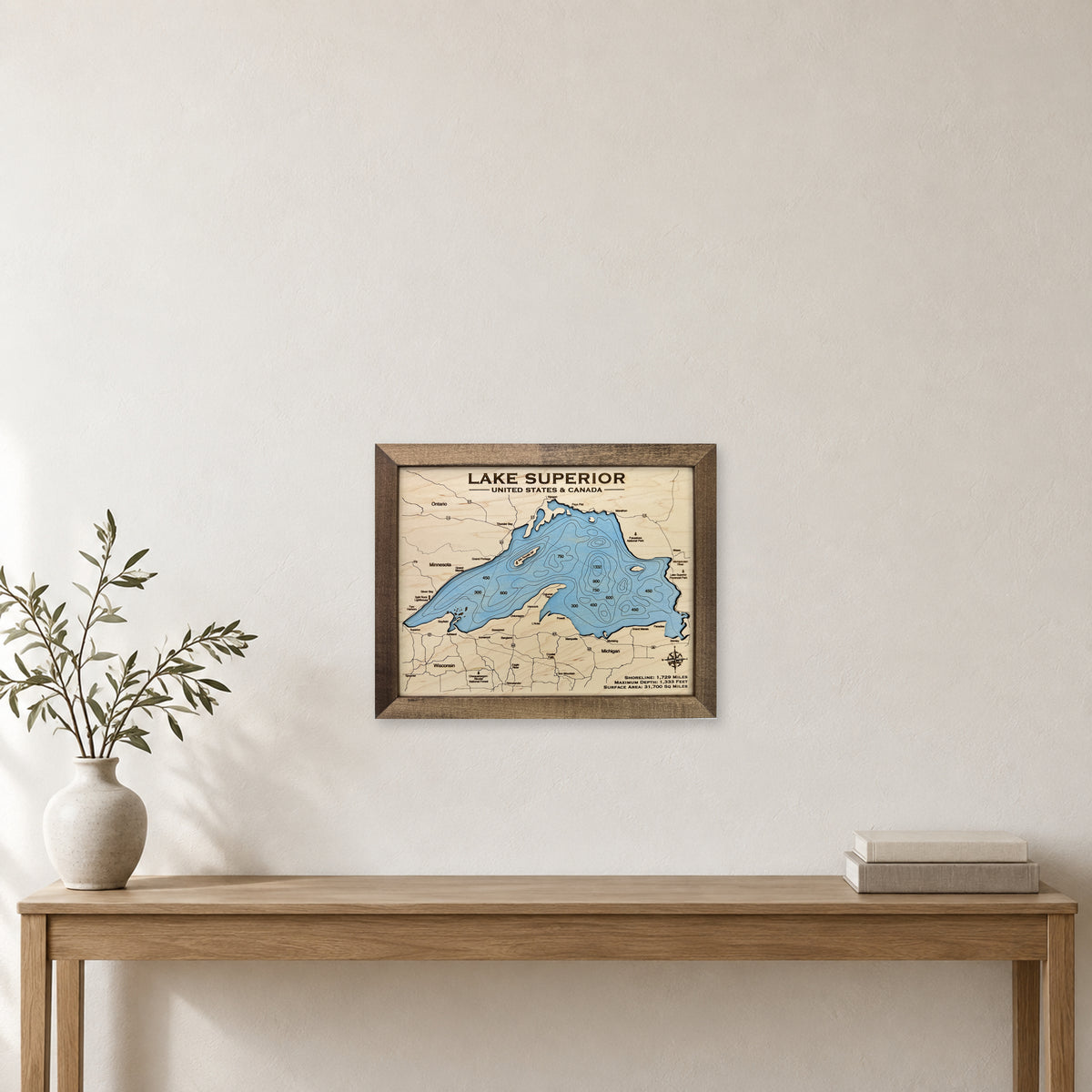 Superior Light Engraved wood map — single layer with engraved contours, staged room mockup