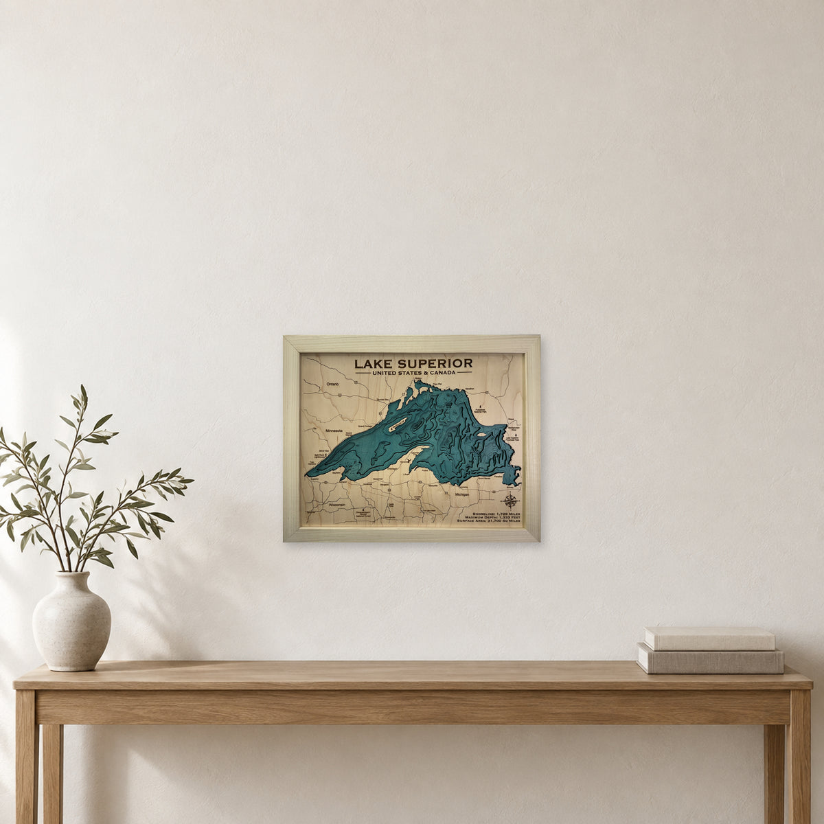 Lake Superior Wood Map — multilayer example, staged room mockup