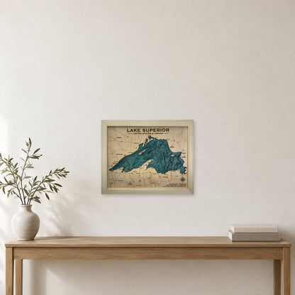 Lake Superior Wood Map — multilayer example, staged room mockup