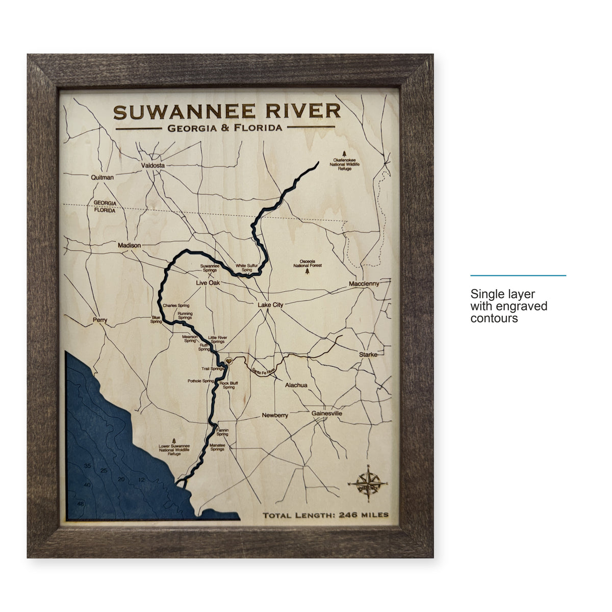 Suwannee Nipper wood map — single layer with engraved contours, layer option shown
