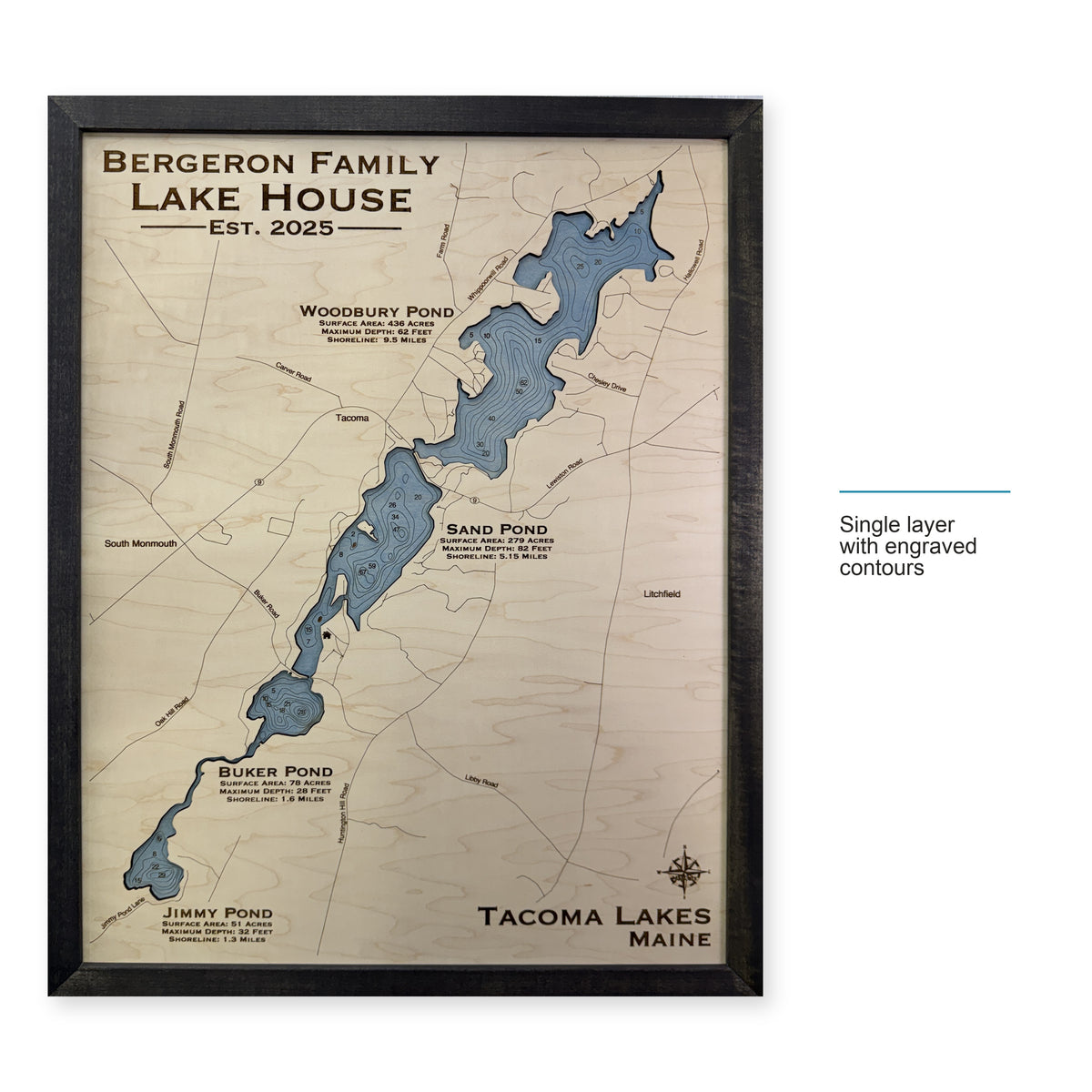 Tacoma Bergeron wood map — single layer with engraved contours, layer option shown