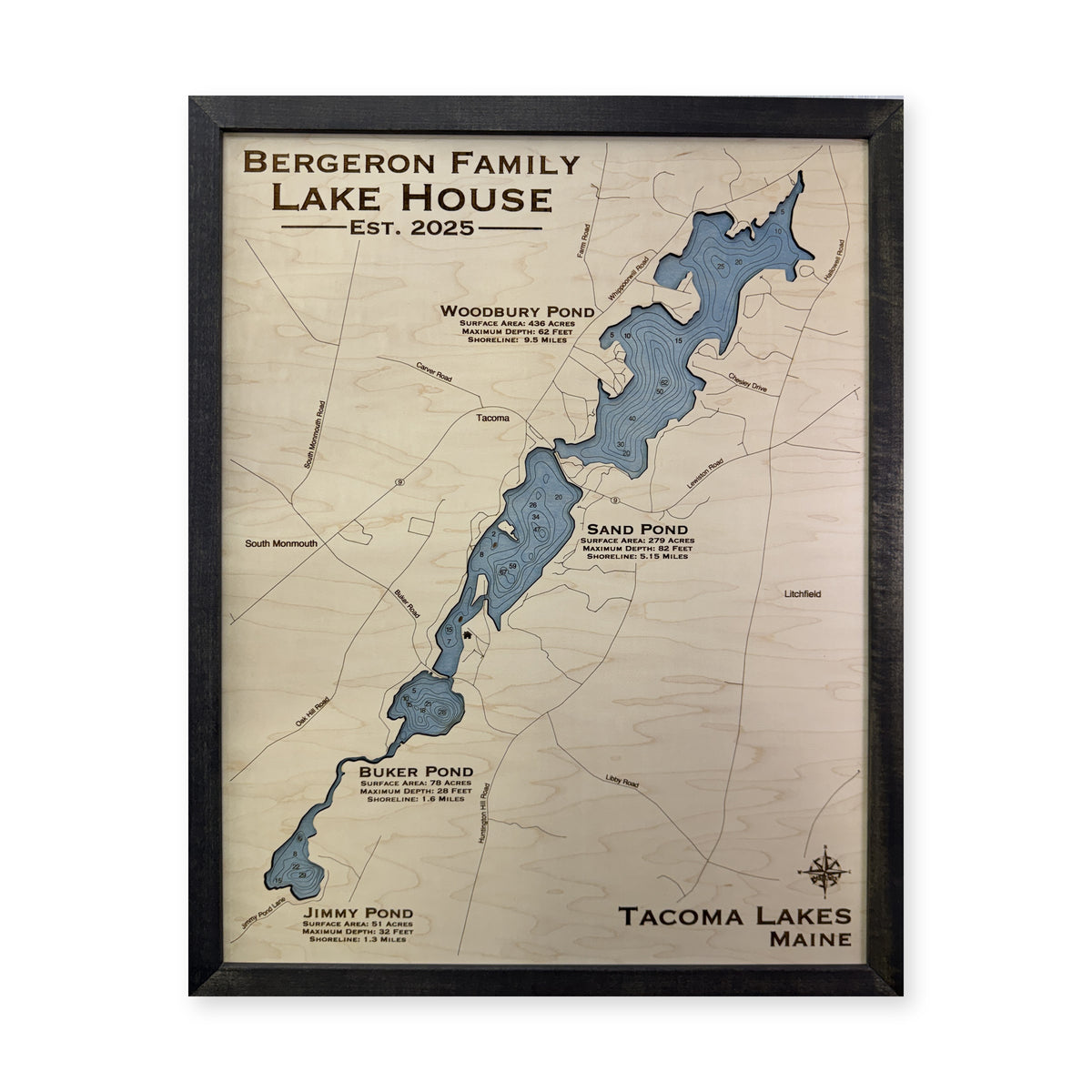 Tacoma Bergeron wood map — single layer with engraved contours, white background