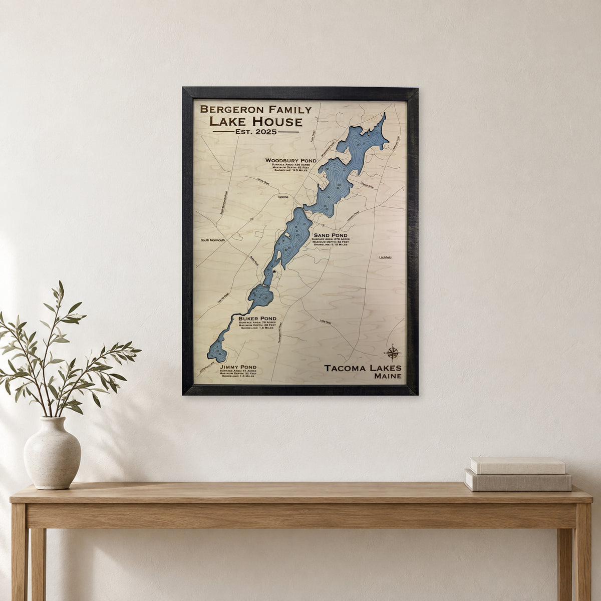 Tacoma Bergeron wood map — single layer with engraved contours, staged room mockup