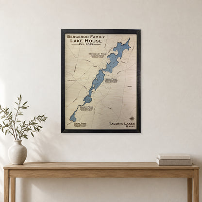 Tacoma Bergeron wood map — single layer with engraved contours, staged room mockup