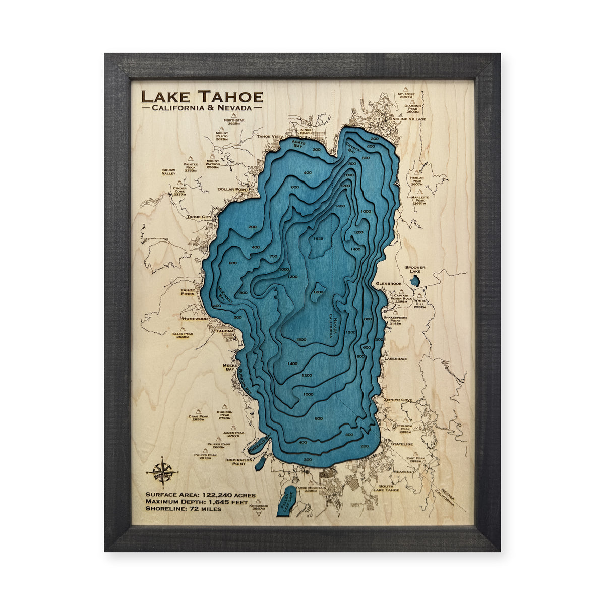 Tahoe Charcoal Small wood map — multilayer, white background