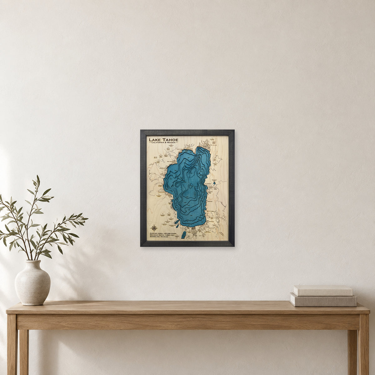 Tahoe Charcoal Small wood map — multilayer, staged room mockup
