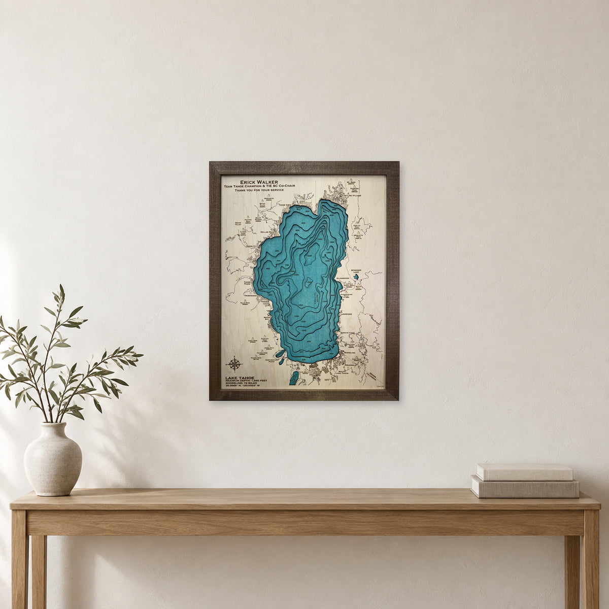 Tahoe Erick Walker wood map — multilayer, staged room mockup