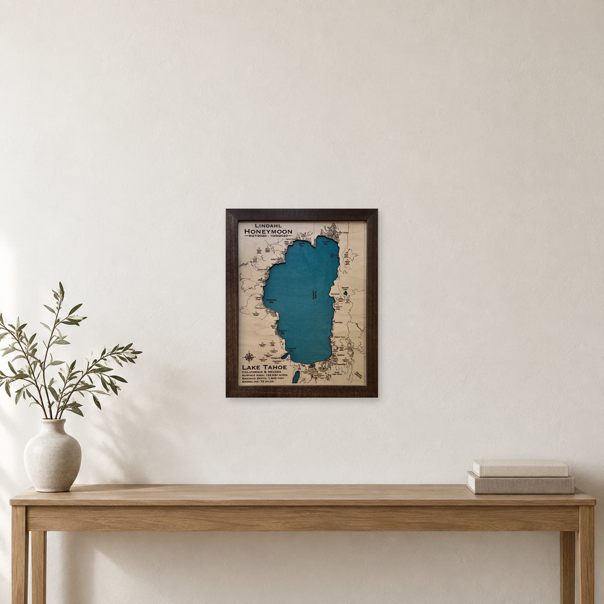 Tahoe Lindahl wood map — single layer, staged room mockup