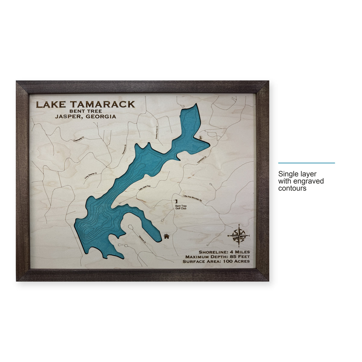 Tamarack Perez wood map — single layer with engraved contours, layer option shown