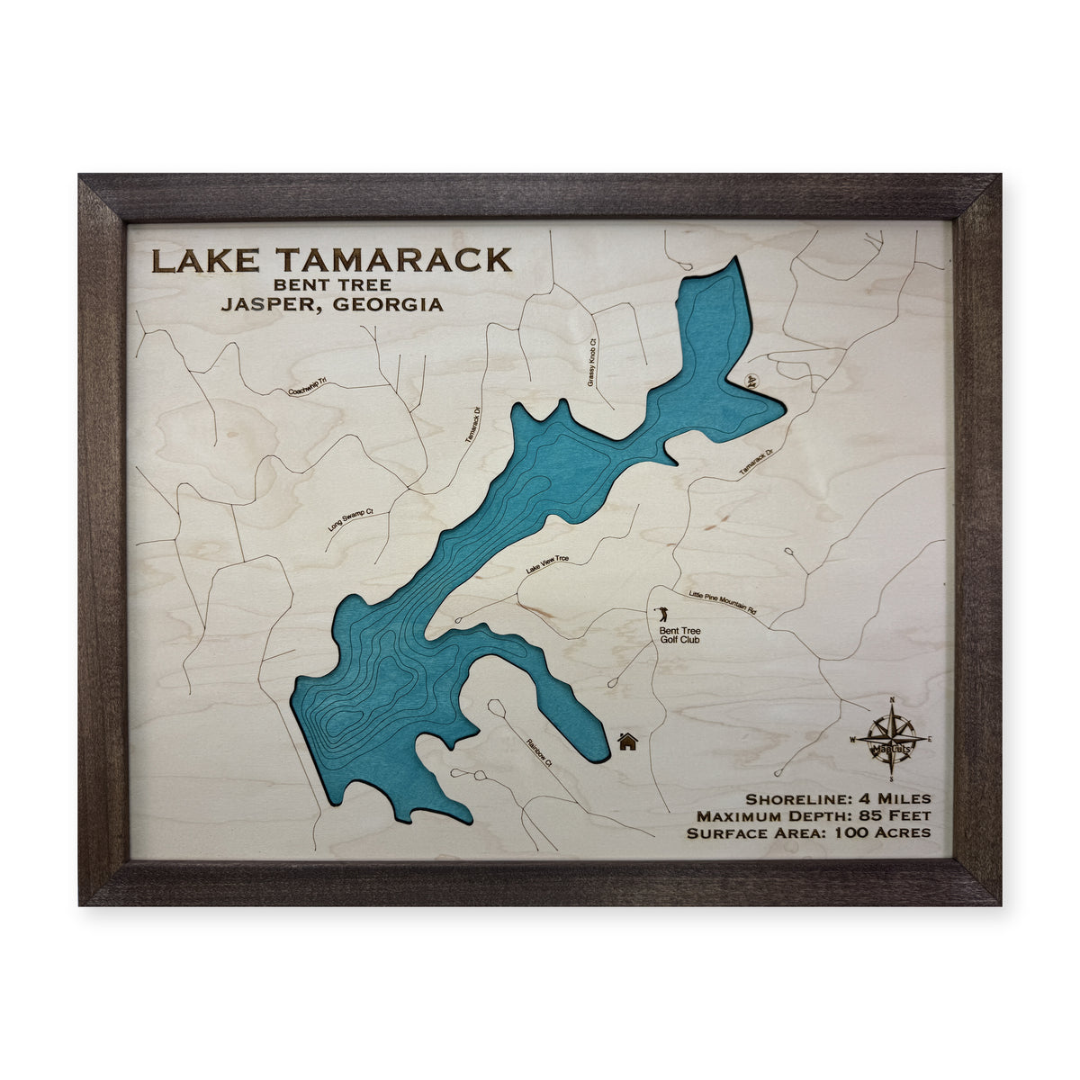 Tamarack Perez wood map — single layer with engraved contours, white background