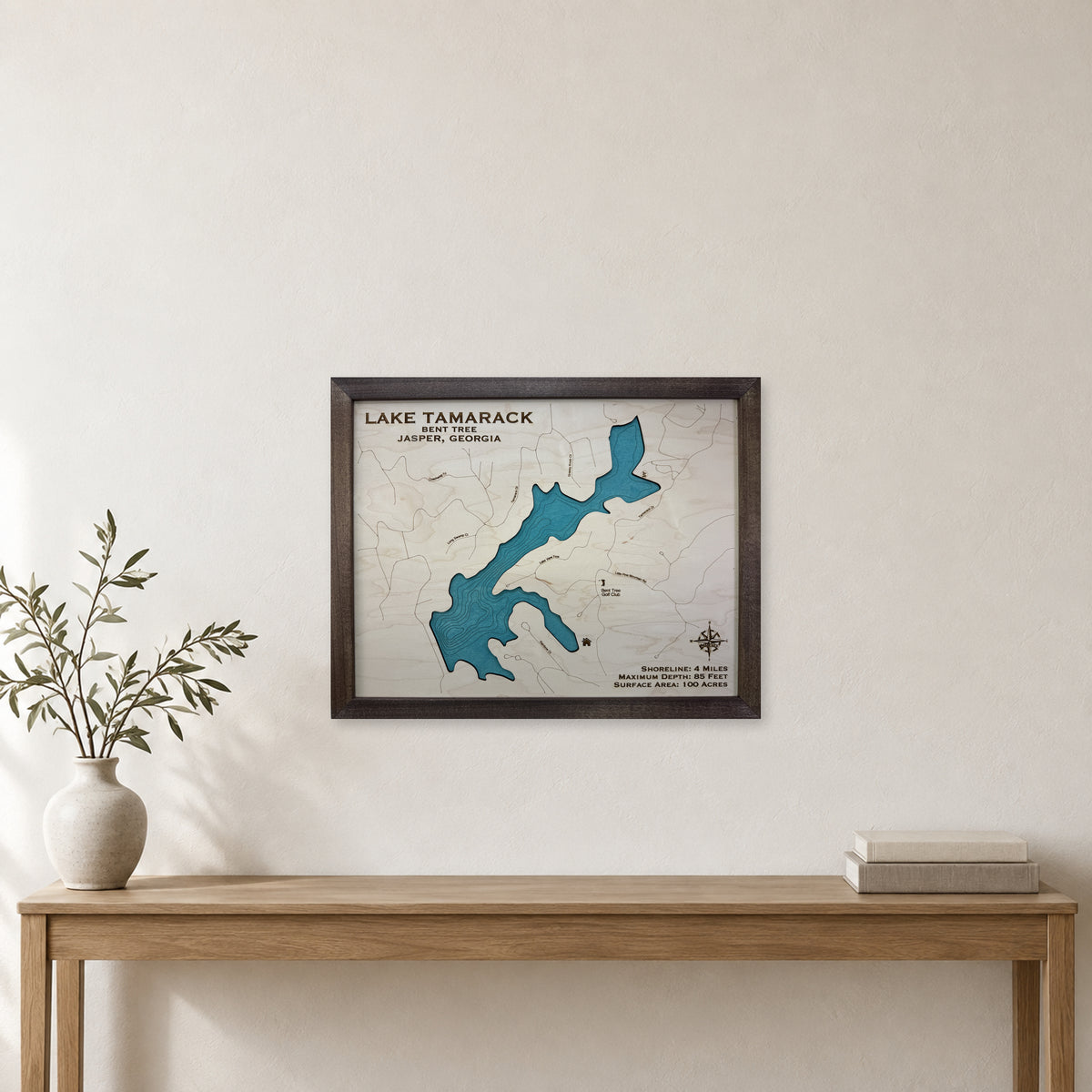 Tamarack Perez wood map — single layer with engraved contours, staged room mockup