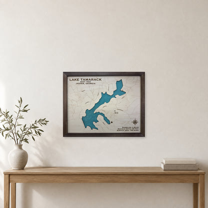 Tamarack Perez wood map — single layer with engraved contours, staged room mockup