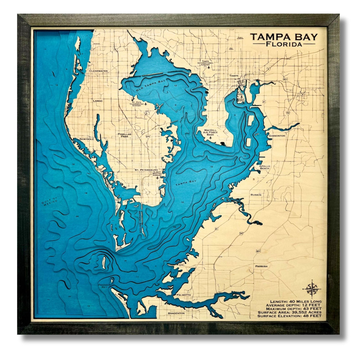 3D wooden map of Tampa Bay, Florida with a black frame.