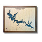 Wooden multi water layer map of Tappan Lake, Ohio with a walnut brown frame and dark blue water stain. 
