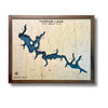 Wooden multi water layer map of Tappan Lake, Ohio with a walnut brown frame and dark blue water stain. 