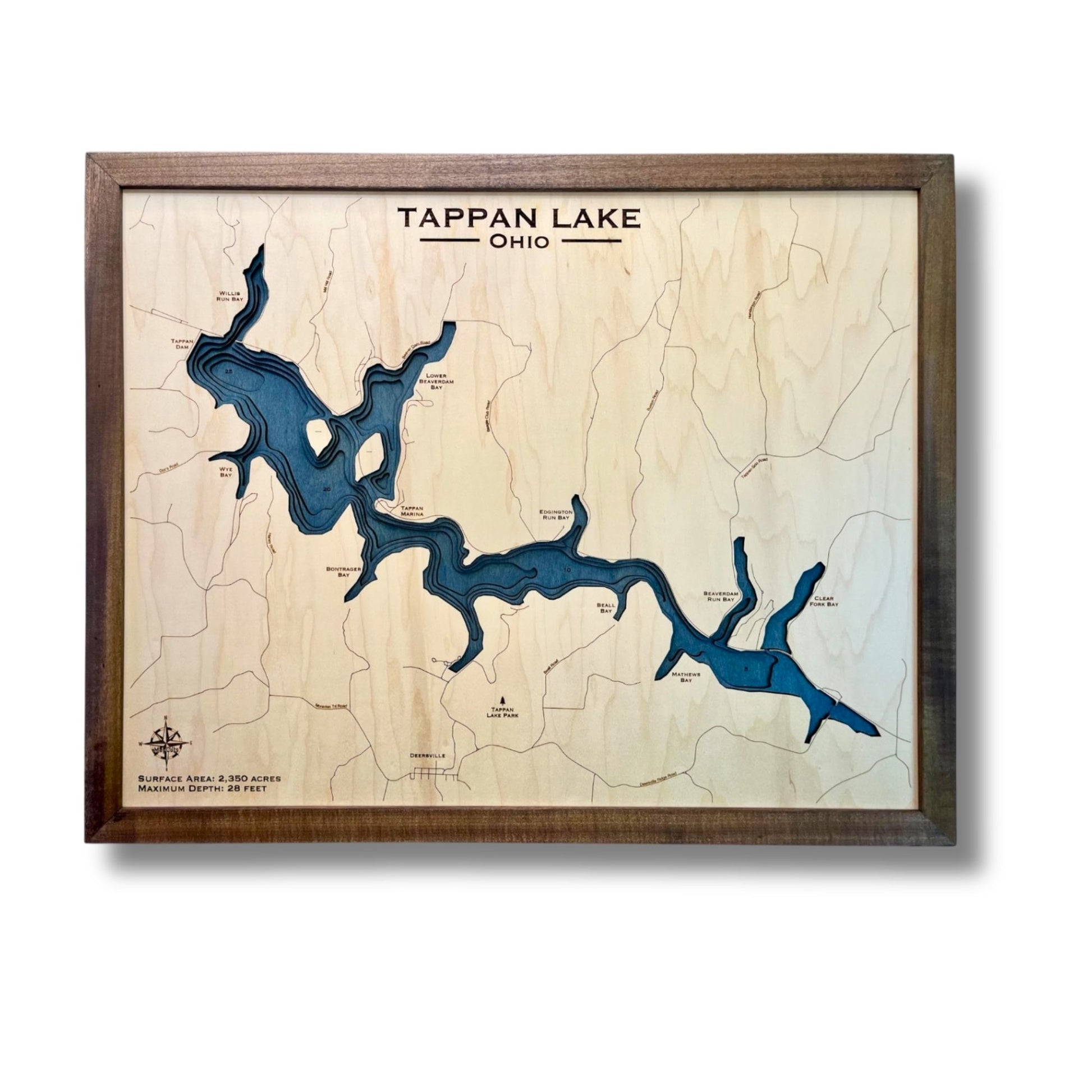 Wooden multi water layer map of Tappan Lake, Ohio with a walnut brown frame and dark blue water stain. 