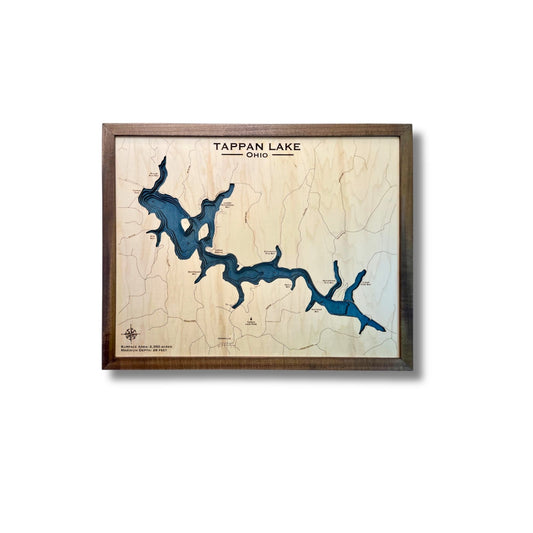 Wooden map of Tarpan Lake, Ohio with a walnut brown frame on a white background