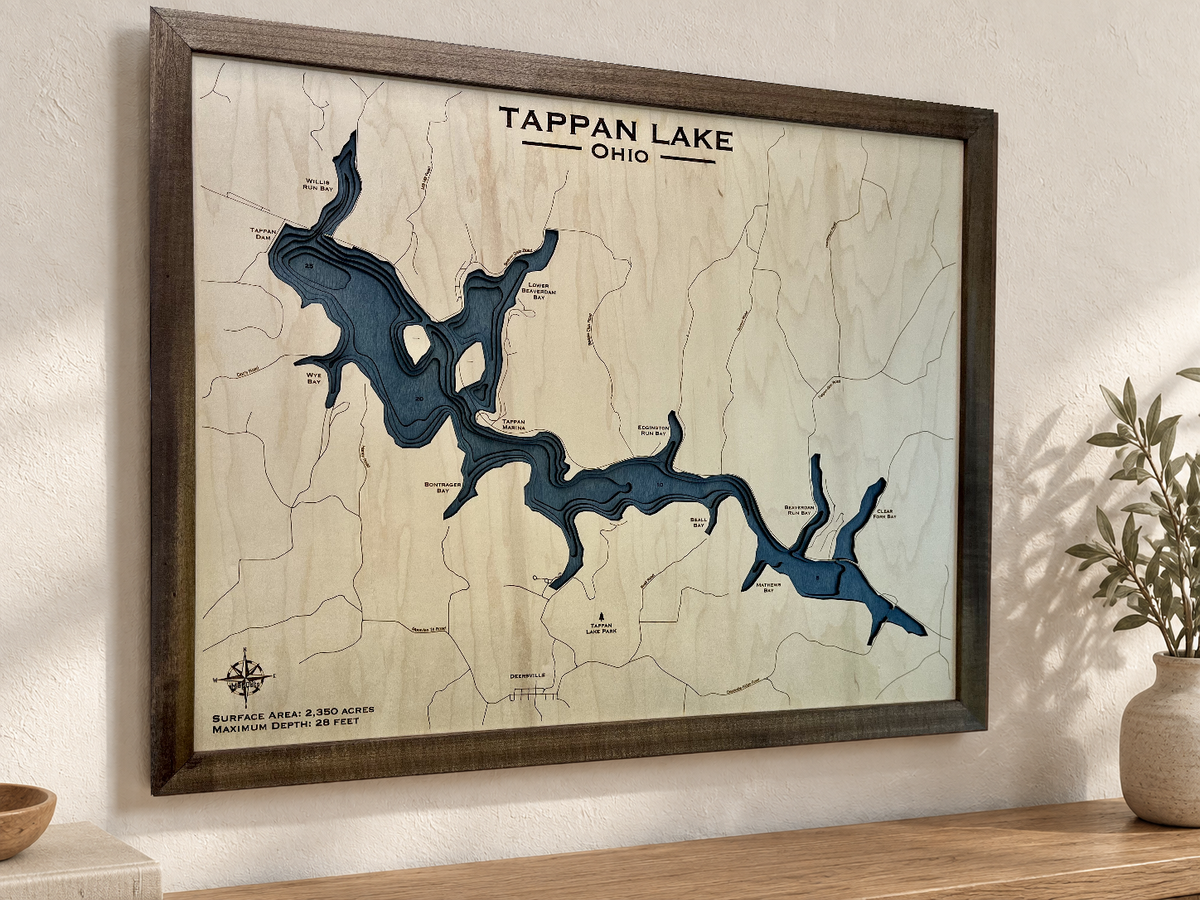 Tappan Lake, Ohio, multilayer wood map — angled room mockup using the original photographed engraving