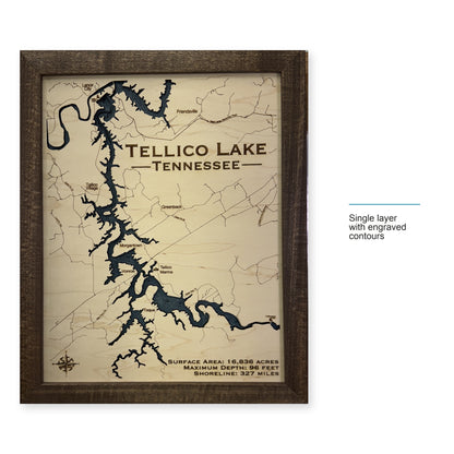 Tellico Walnut Engraved wood map — single layer with engraved contours, layer option shown