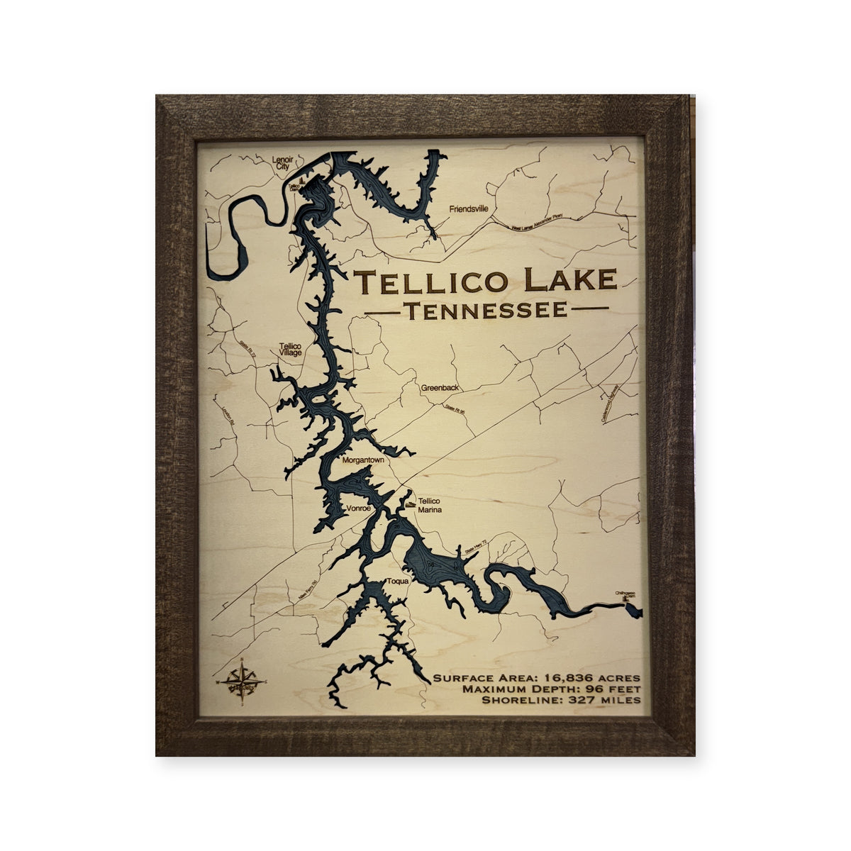 Tellico Walnut Engraved wood map — single layer with engraved contours, white background