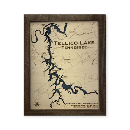 Tellico Walnut Engraved wood map — single layer with engraved contours, white background