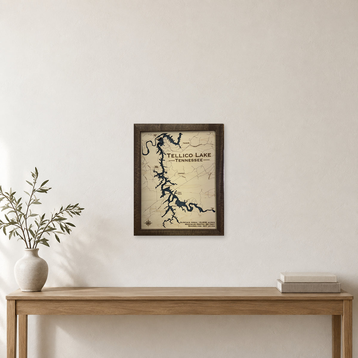 Tellico Walnut Engraved wood map — single layer with engraved contours, staged room mockup