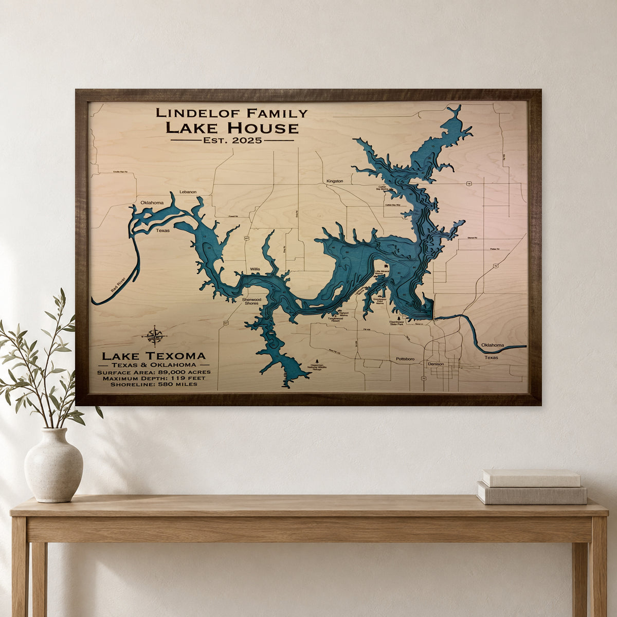 Texoma Lindelof wood map — multilayer, staged room mockup