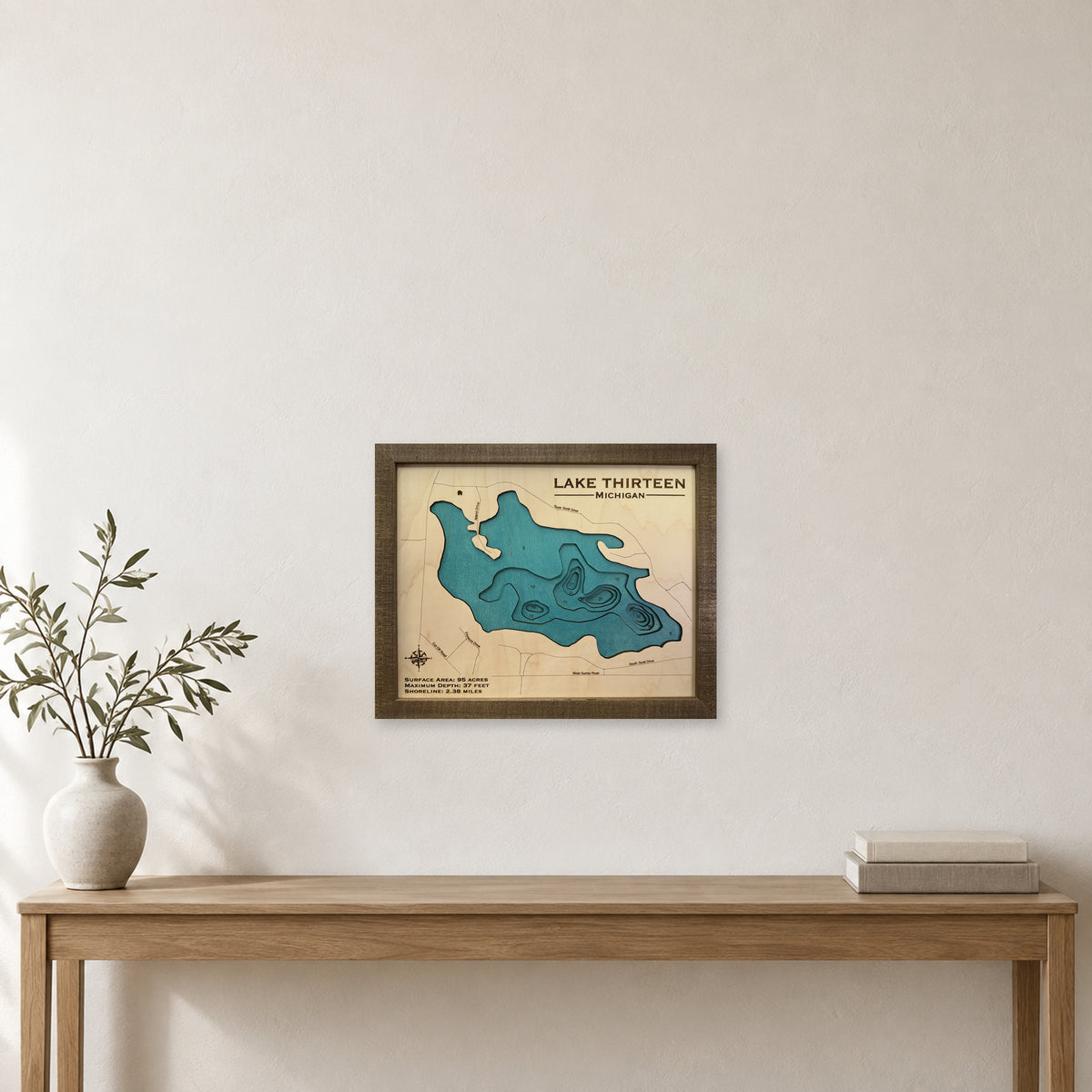 Thirteen Michigan wood map — multilayer, staged room mockup