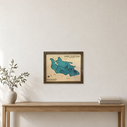Thirteen Michigan wood map — multilayer, staged room mockup