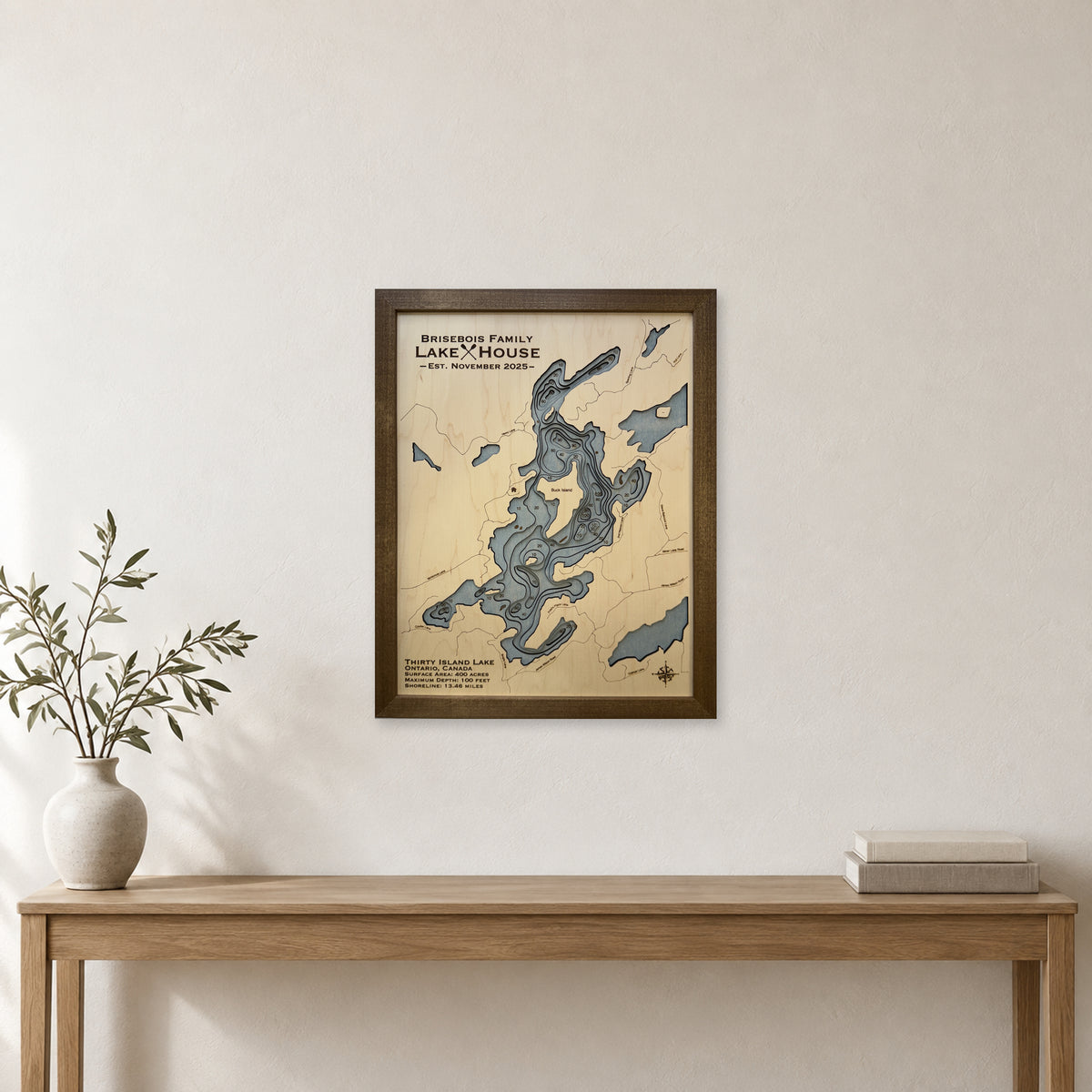 Thirty Island Brisebois wood map — multilayer, staged room mockup