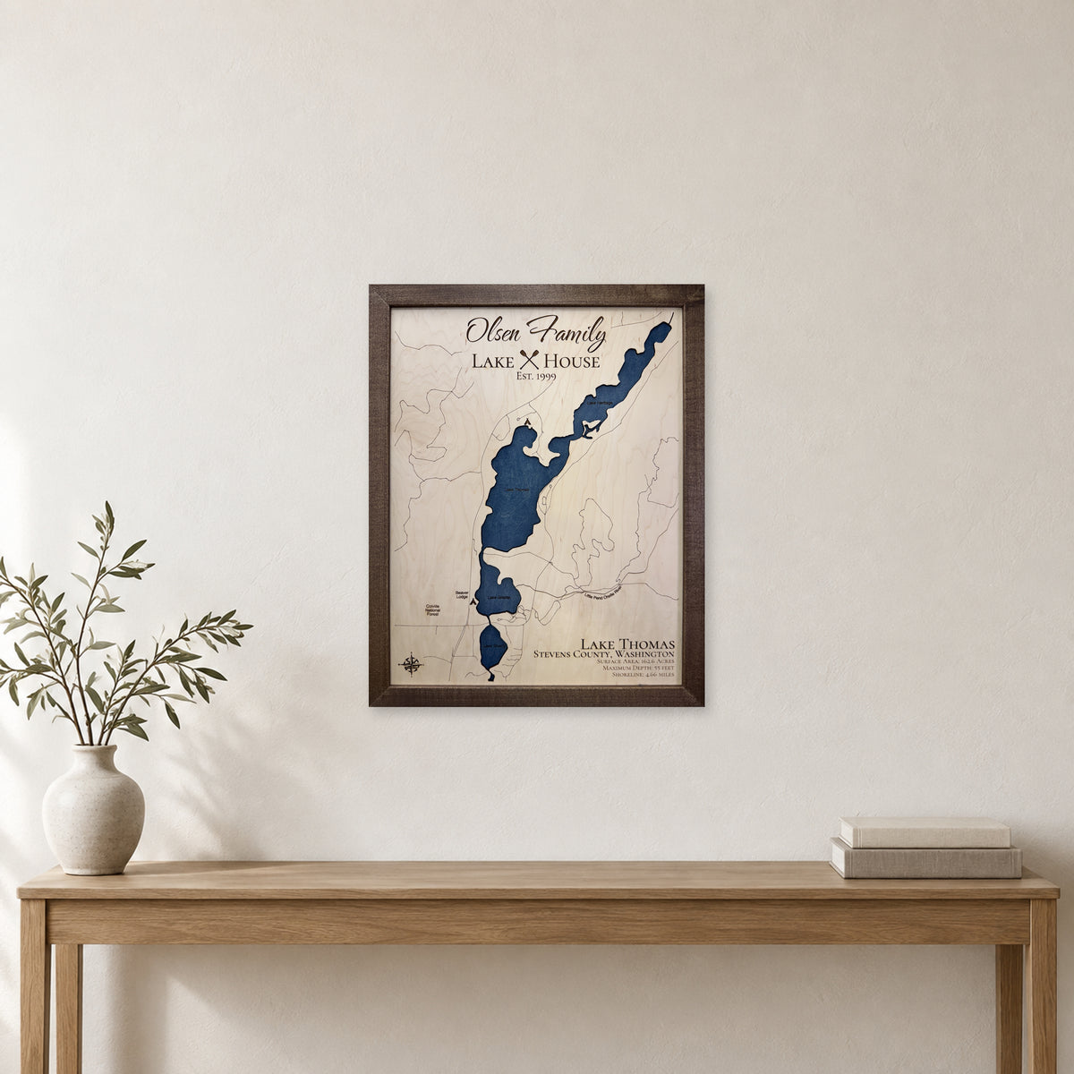 Thomas Olsen wood map — single layer, staged room mockup