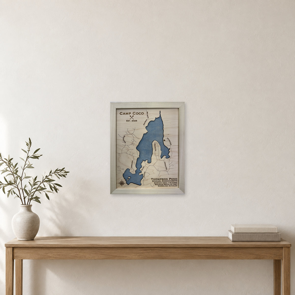 Thompson Coco wood map — single layer, staged room mockup