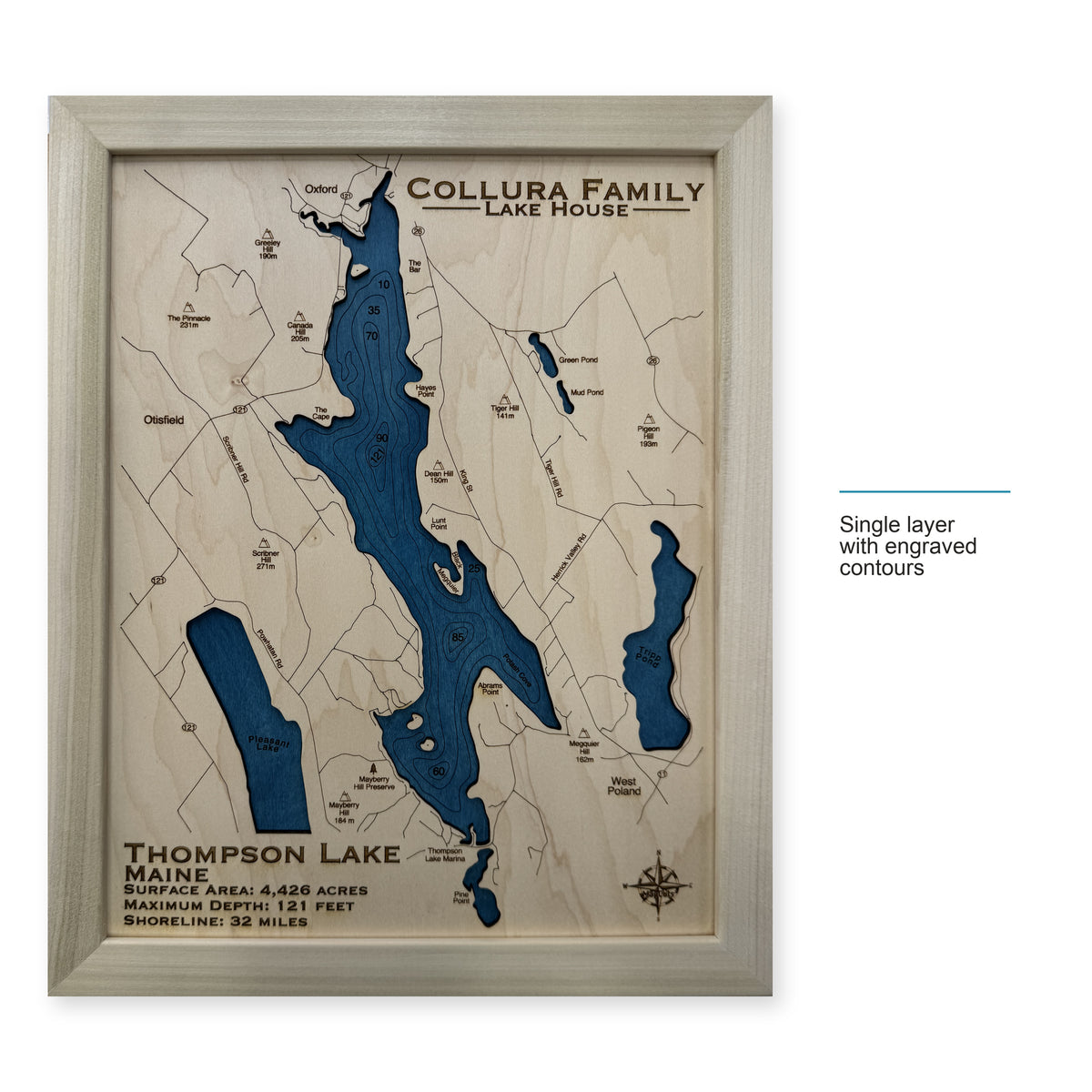 Thompson Collura wood map — single layer with engraved contours, layer option shown