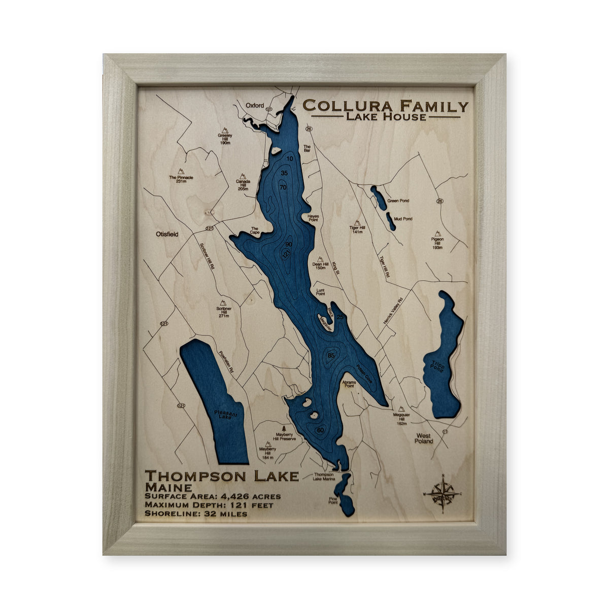 Thompson Collura wood map — single layer with engraved contours, white background