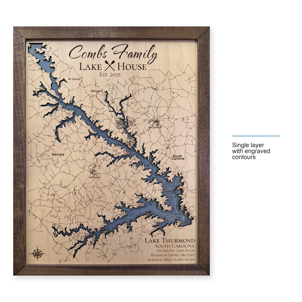 Thurmond Combs wood map — single layer with engraved contours, layer option shown