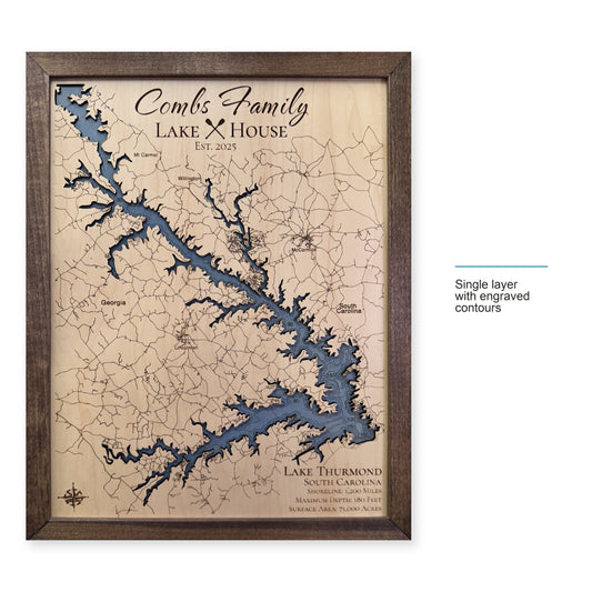 Thurmond Combs wood map — single layer with engraved contours, layer option shown