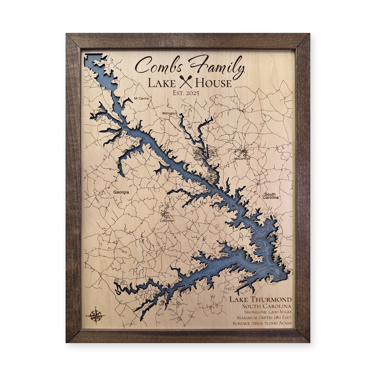 Thurmond Combs wood map — single layer with engraved contours, white background
