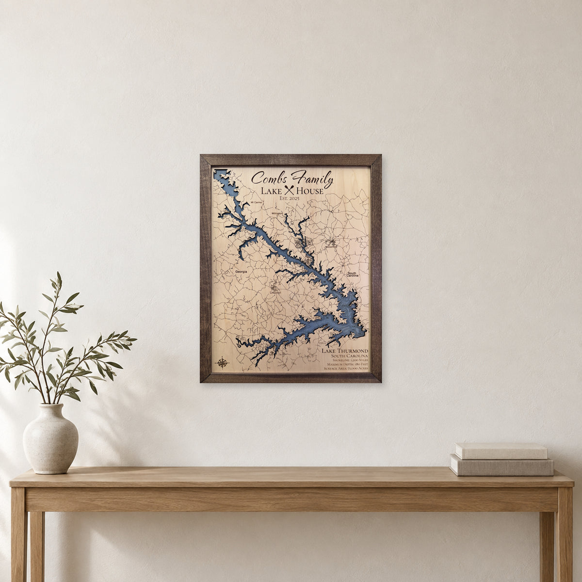 Thurmond Combs wood map — single layer with engraved contours, staged room mockup
