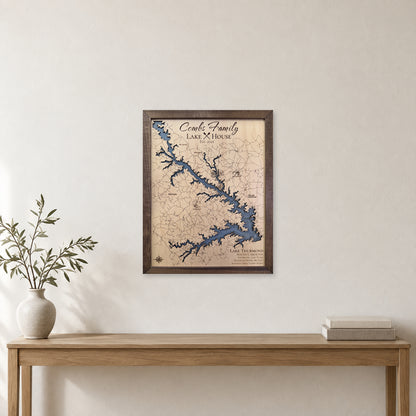 Thurmond Combs wood map — single layer with engraved contours, staged room mockup