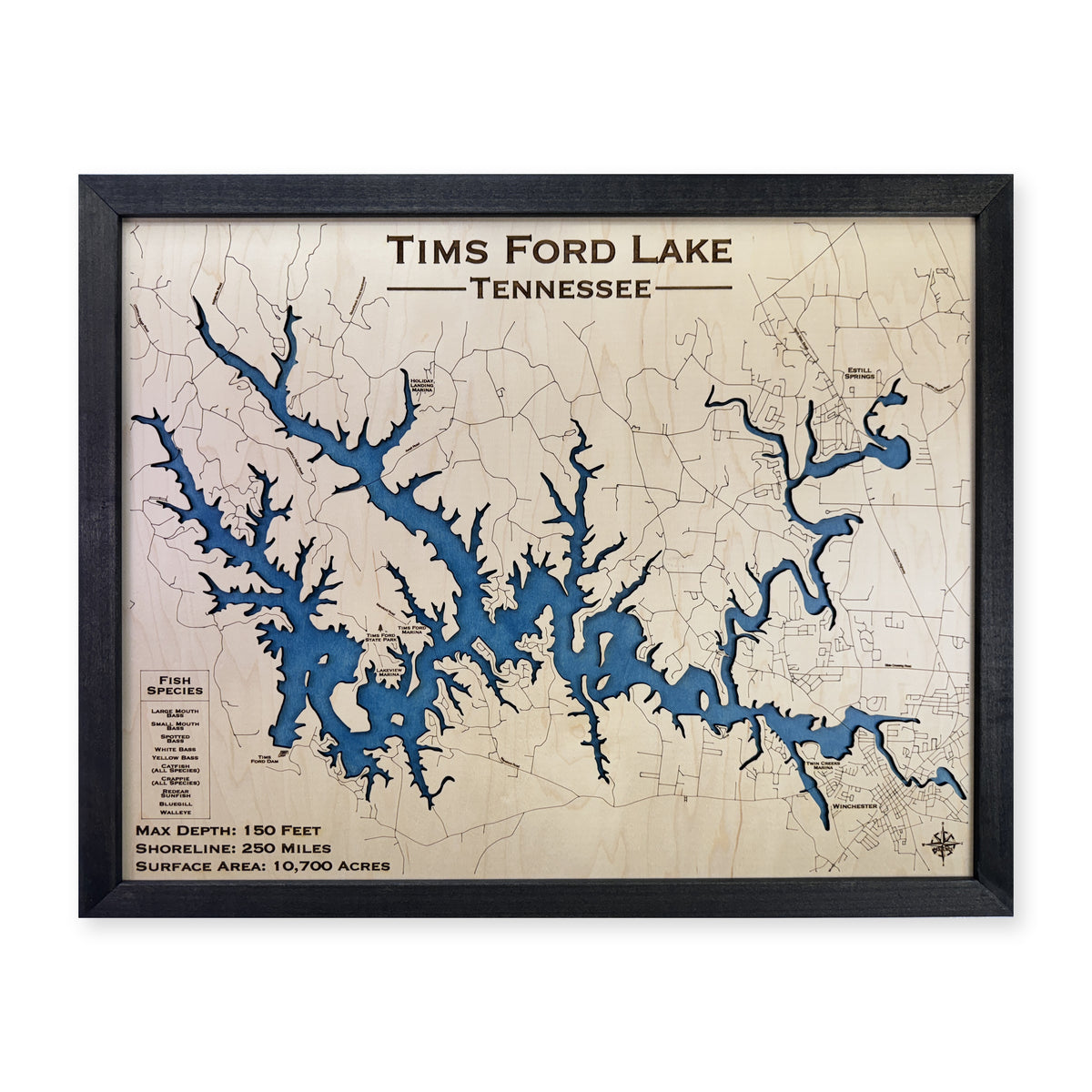 Tims Ford Lake wood map — single layer, white background