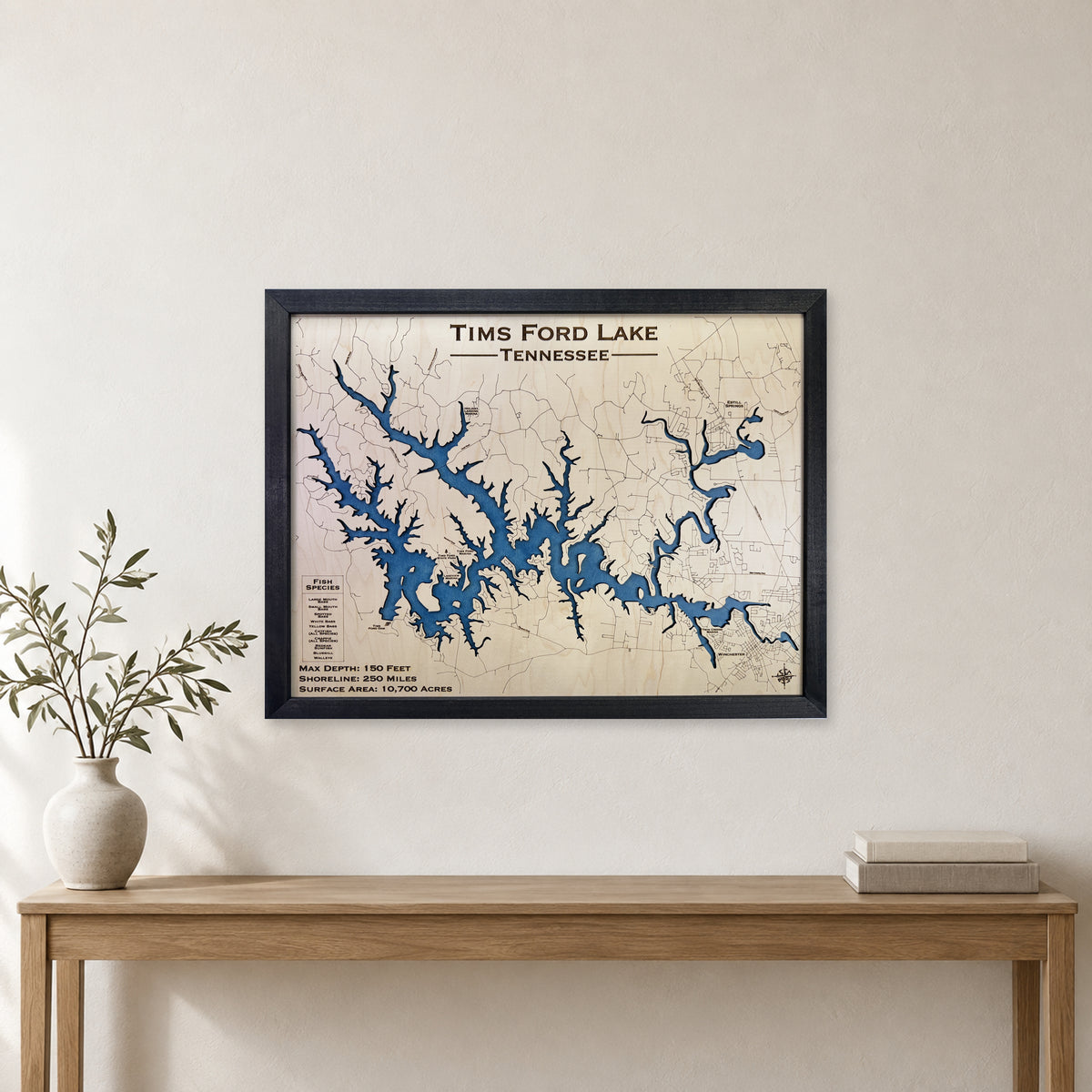 Tims Ford Lake wood map — single layer, staged room mockup